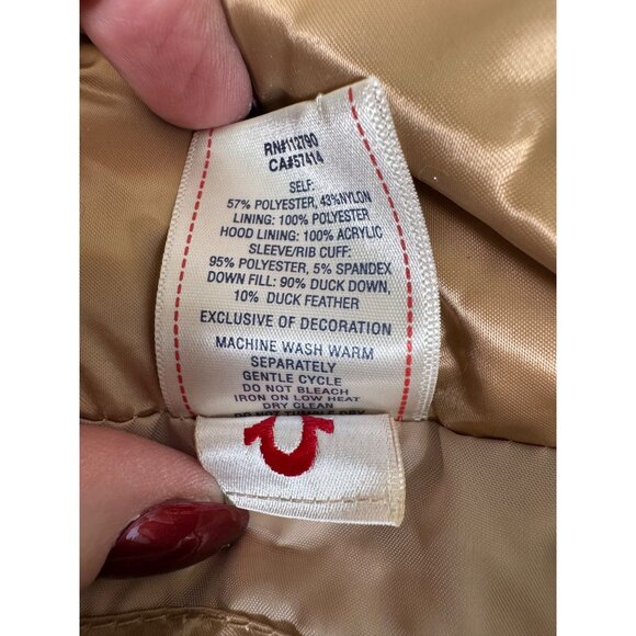 Quilted Gold Puff Jacket W/Hood Womens L True Religion Down & Feather Fill - Picture 5 of 16